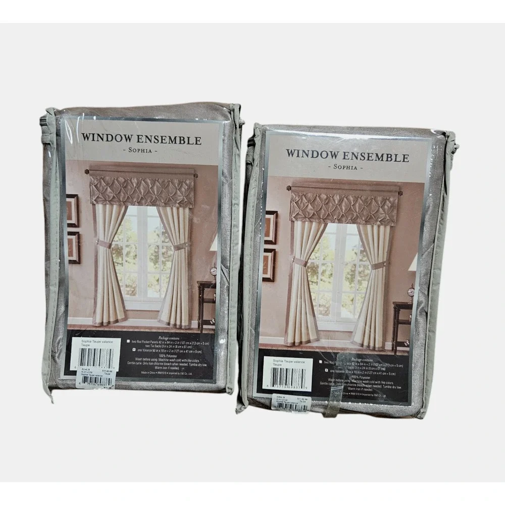 Window Ensemble Sophia Taupe Brown Valance 50in x 16in 2 Tie Backs NWT